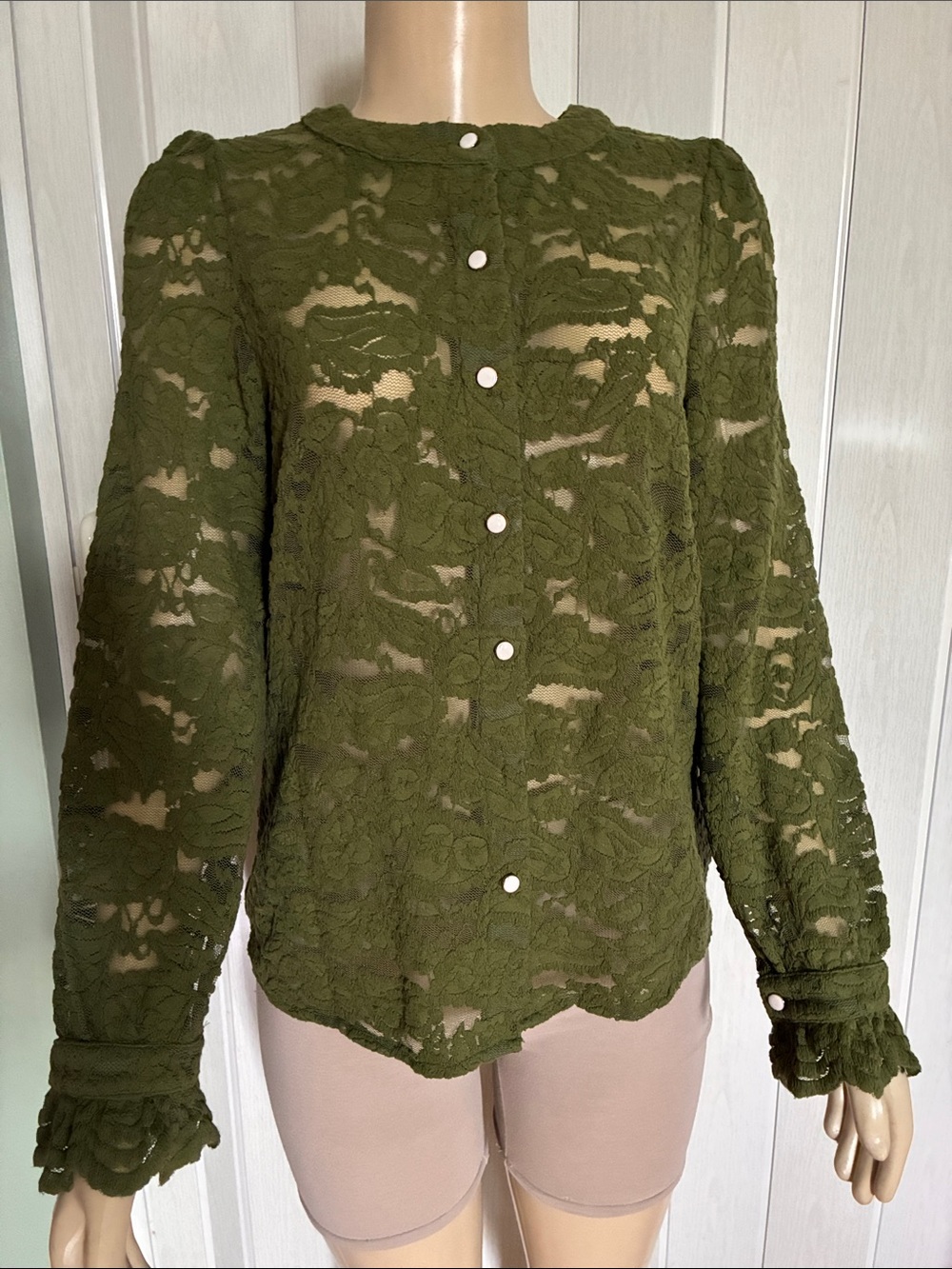 Olive Green Floral Lace Button-Front Blouse